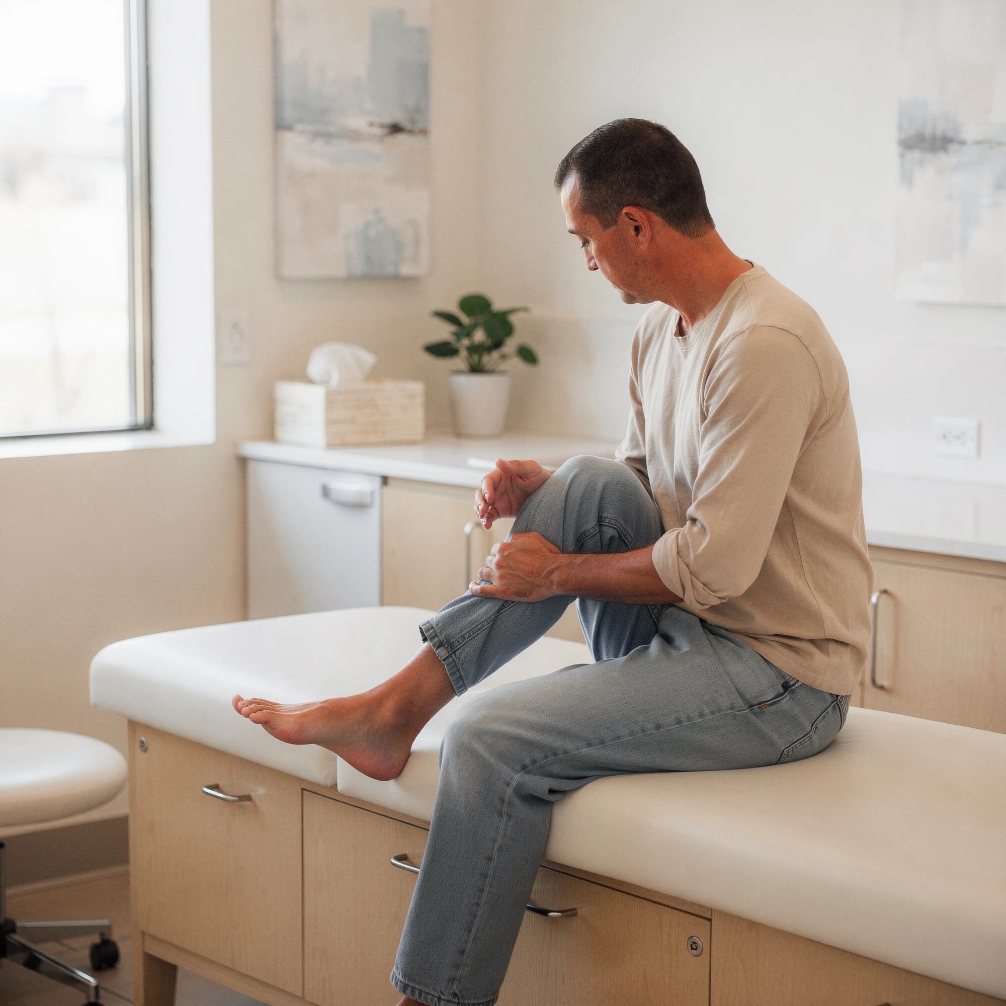 Man sitting on an exam table holding his bare foot – podiatry care in Medford, OR